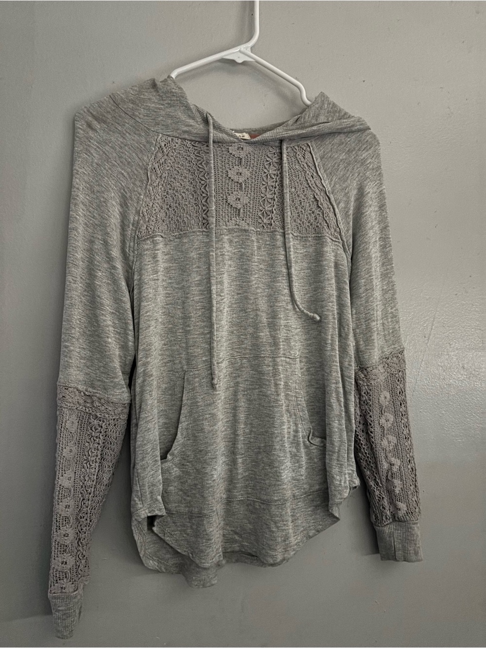 Rewind Light Gray Lace-Panel Hooded Pullover